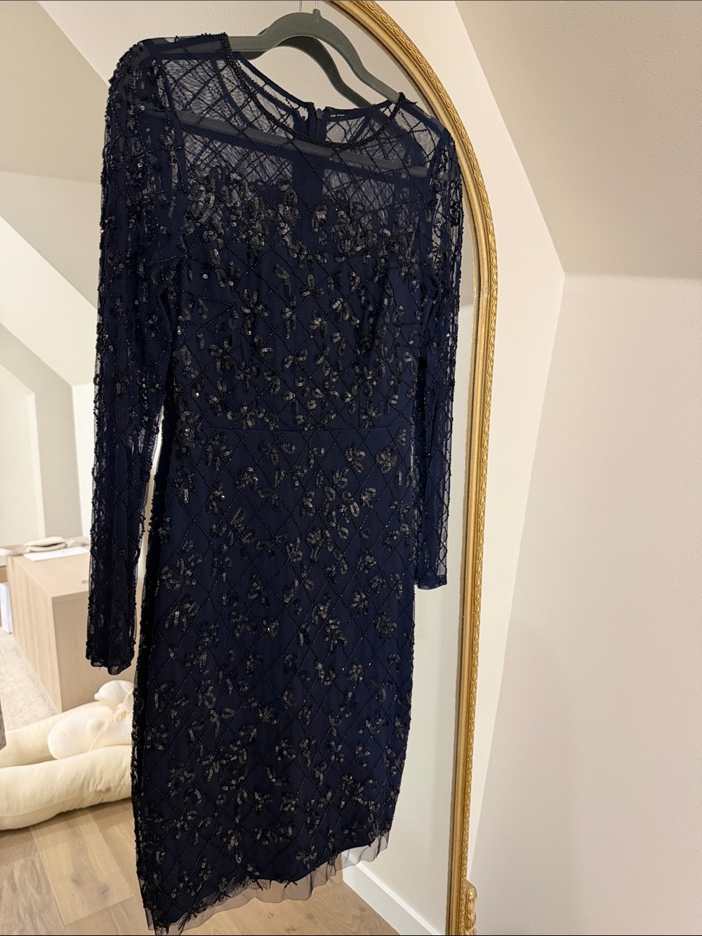 Adrianna Papell Navy Beaded Long-Sleeve Cocktail Dress
